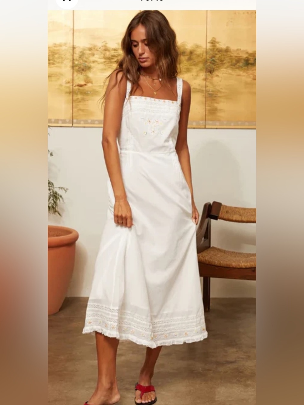 Ciao Lucia White Embroidered Midi Dress with Square Neck